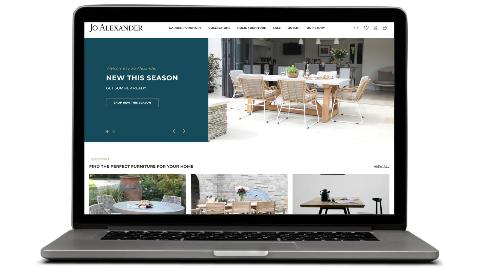 Case study image - a laptop screen showing the Jo Alexander website home page