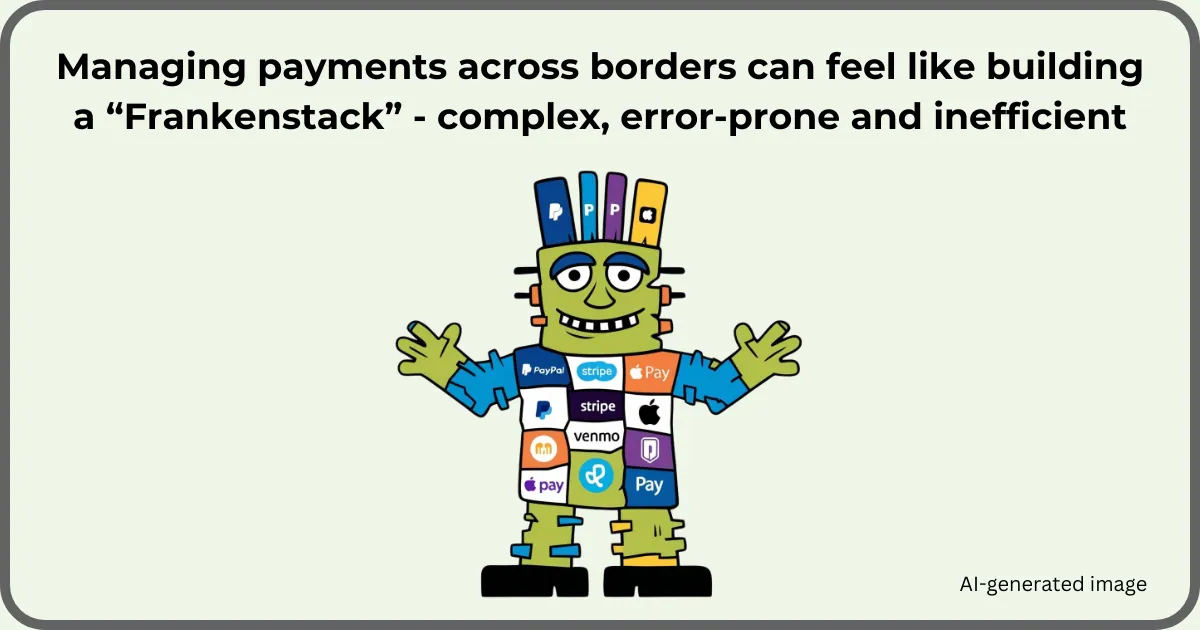 An AI-generated image of a fun monster representing the challenges of using a patchwork of payment providers in cross-border e-commerce