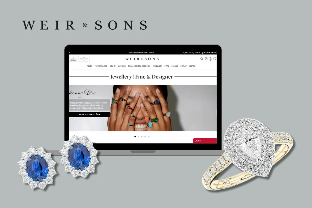 The image features Weir & Sons branding with a logo on a grey background, a laptop displaying their website, and luxury jewelry pieces - a sapphire and diamond earring set and a pear-cut diamond ring.