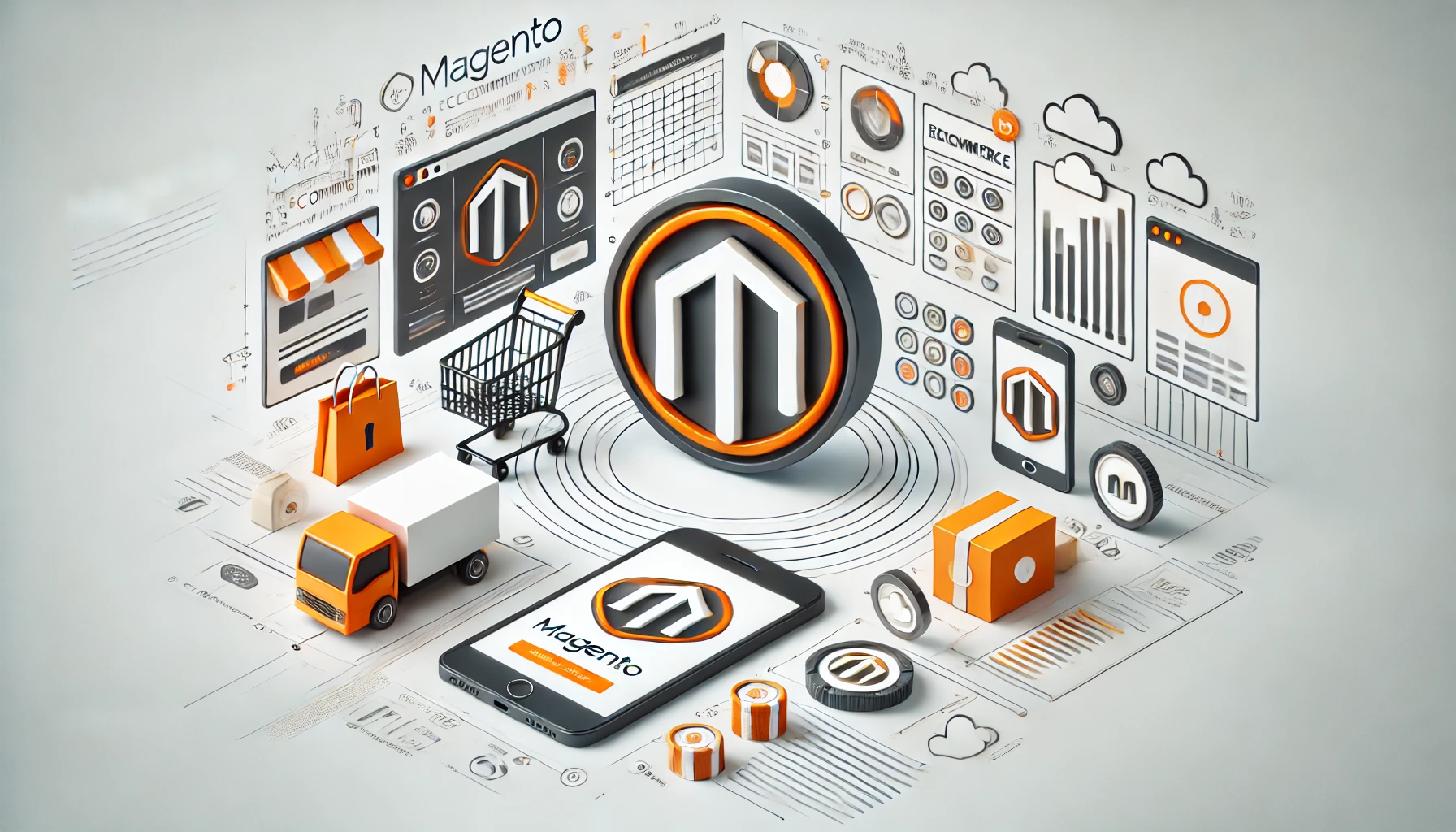 AI generated image: Create a wide screen image that represents the magento e-commerce platform. Include the magento logo.