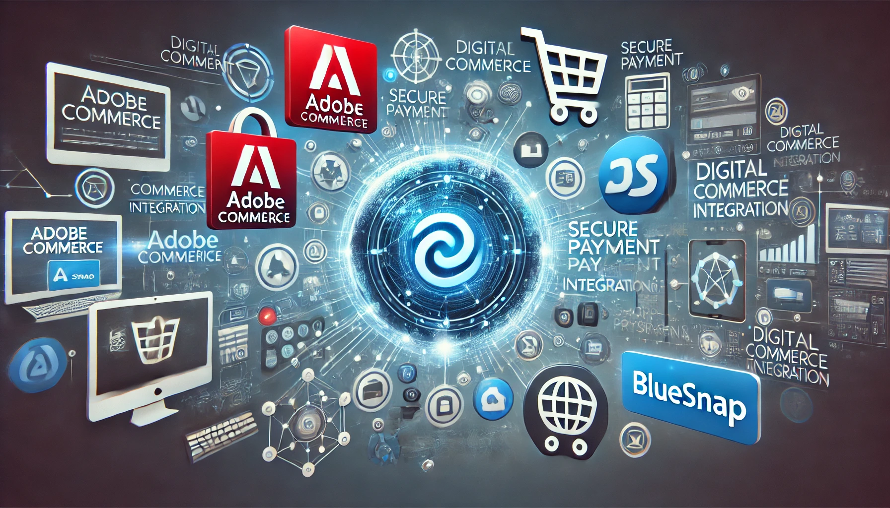 DALL·E 2024-11-22 16.37.16 - A wide-screen image representing the interconnection of eCommerce systems, including Adobe Commerce and the payment provider BlueSnap. Display the Ado