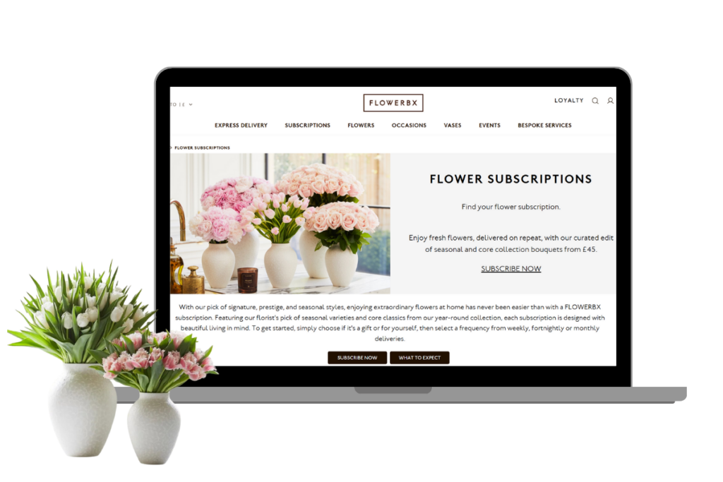 Laptop mock-up showing FLOWERBX subscriptions webpage