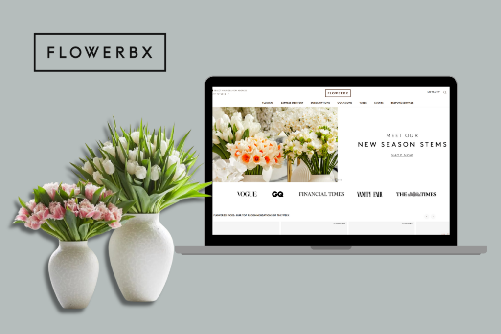 The image features FLOWERBX branding with a logo on a grey background, two white vases with pink and white tulips, and a laptop displaying the FLOWERBX website. 