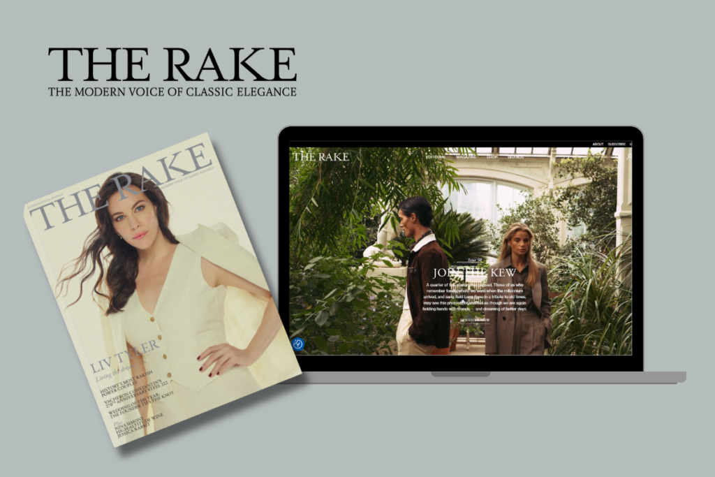The image features The Rake branding with a logo and tagline on a grey background, a magazine cover and a laptop displaying The Rake’s website. 