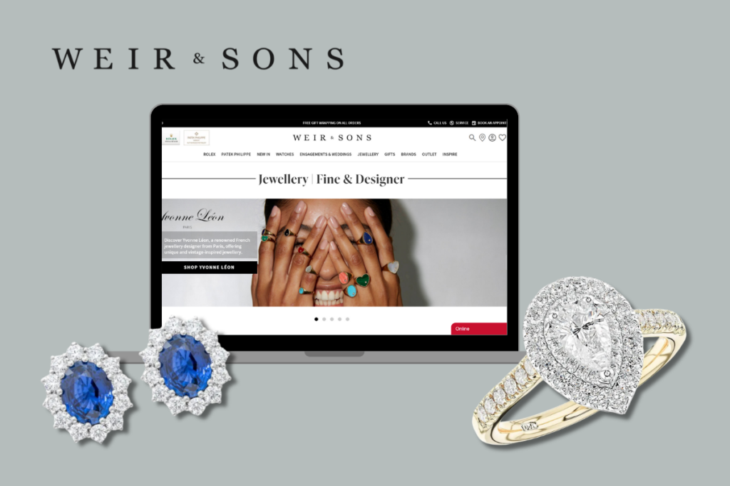 The image features Weir & Sons branding with a logo on a grey background, a laptop displaying their website, and luxury jewelry pieces - a sapphire and diamond earring set and a pear-cut diamond ring.