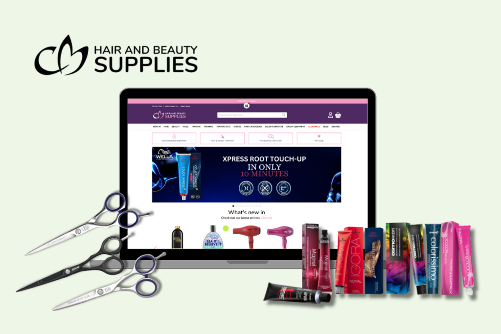 A laptop displays the website for "CM Hair and Beauty Supplies," showcasing various hair care products. In front of the laptop are several tubes of hair dye in different colours along with three pairs of professional hair-cutting scissors.