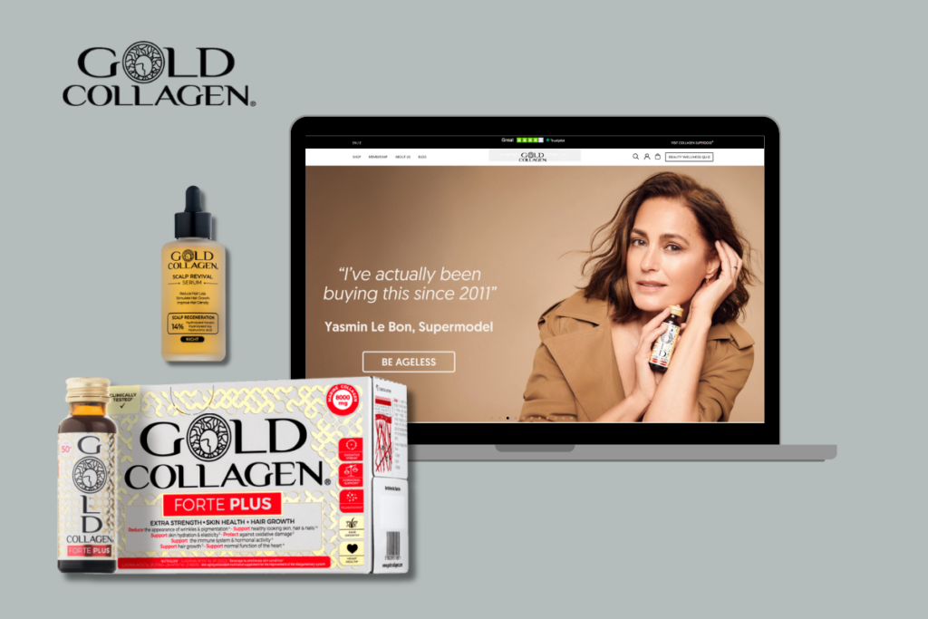 A laptop displays the website for "Gold Collagen," featuring Yasmin Le Bon holding a Gold Collagen product and a quote stating she has been buying it since 2011. To the left of the laptop are several "Gold Collagen" products, including a box of "Forte Plus," a single bottle of "Forte Plus," and a bottle of "Scalp Revival."