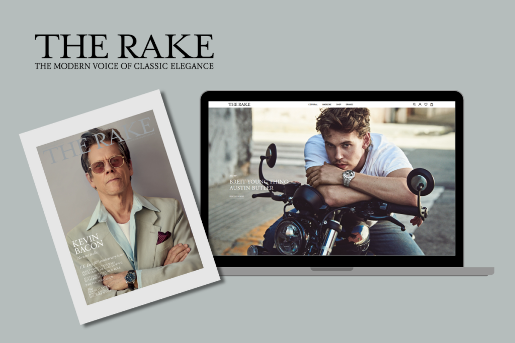 A laptop displays an article from "The Rake" featuring Austin Butler leaning on a motorcycle. To the left, a physical copy of "The Rake" magazine shows Kevin Bacon on the cover. The text "THE RAKE THE MODERN VOICE OF CLASSIC ELEGANCE" is visible at the top. Information about a subscription to "The Rake" may be found on their website shown on the laptop screen.