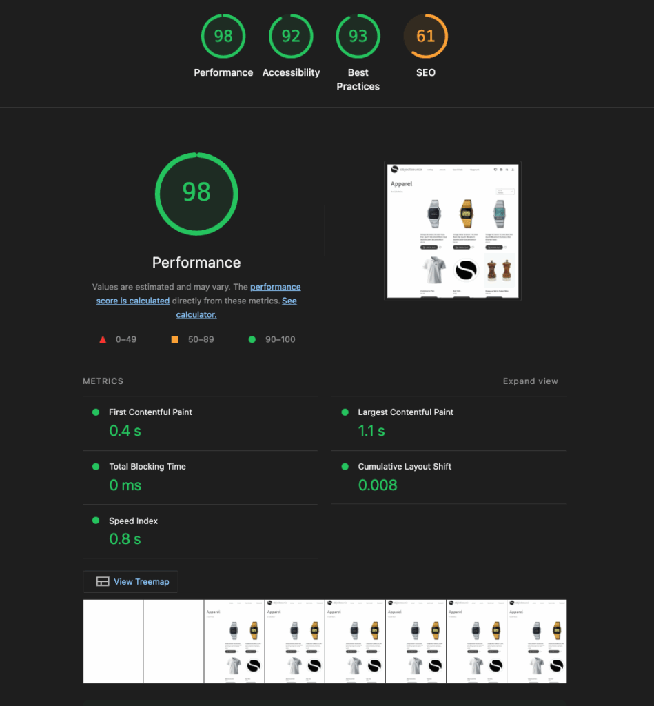 Images showing Lighthouse scores for ACCS demo Home Page, Product Page and Category Page.